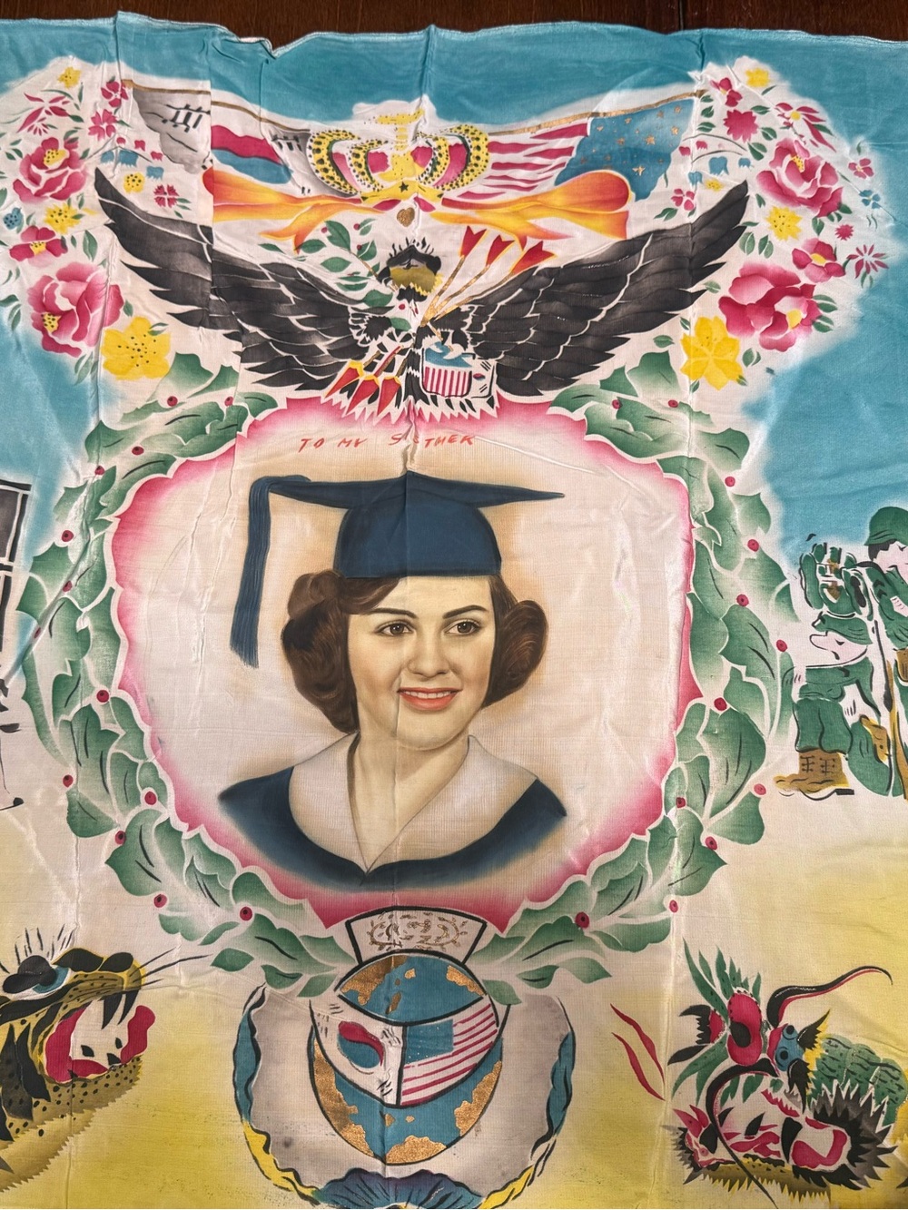 Vintage Korean War Souvenir Scarf To My Sisther Silk Rayon Military Art Portrai